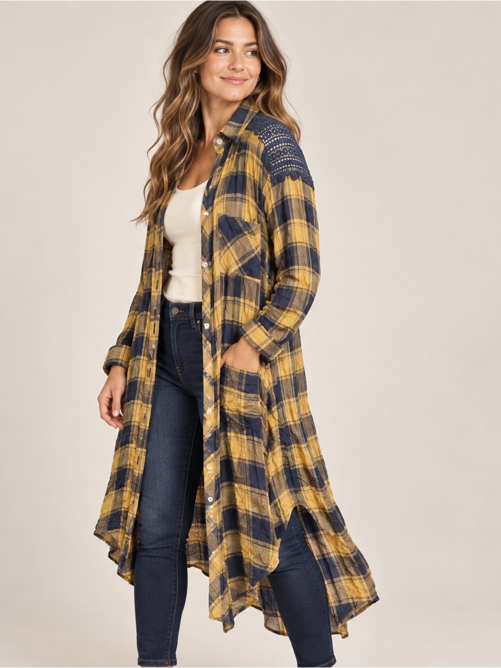 Boho grunge Mustard & Navy Plaid Button-Front Duster with Crochet Lace Back Yoke